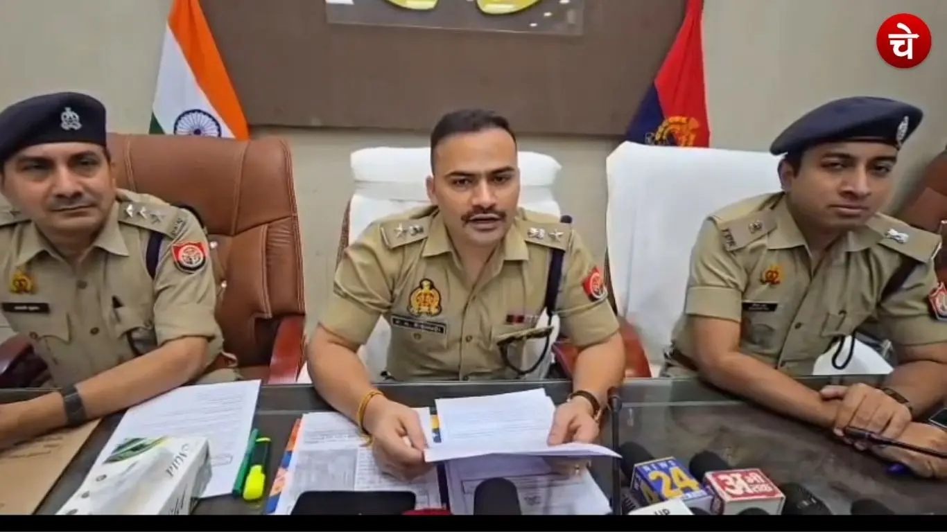 Police officials providing details regarding the seizure of illicit liquor in Bijnor